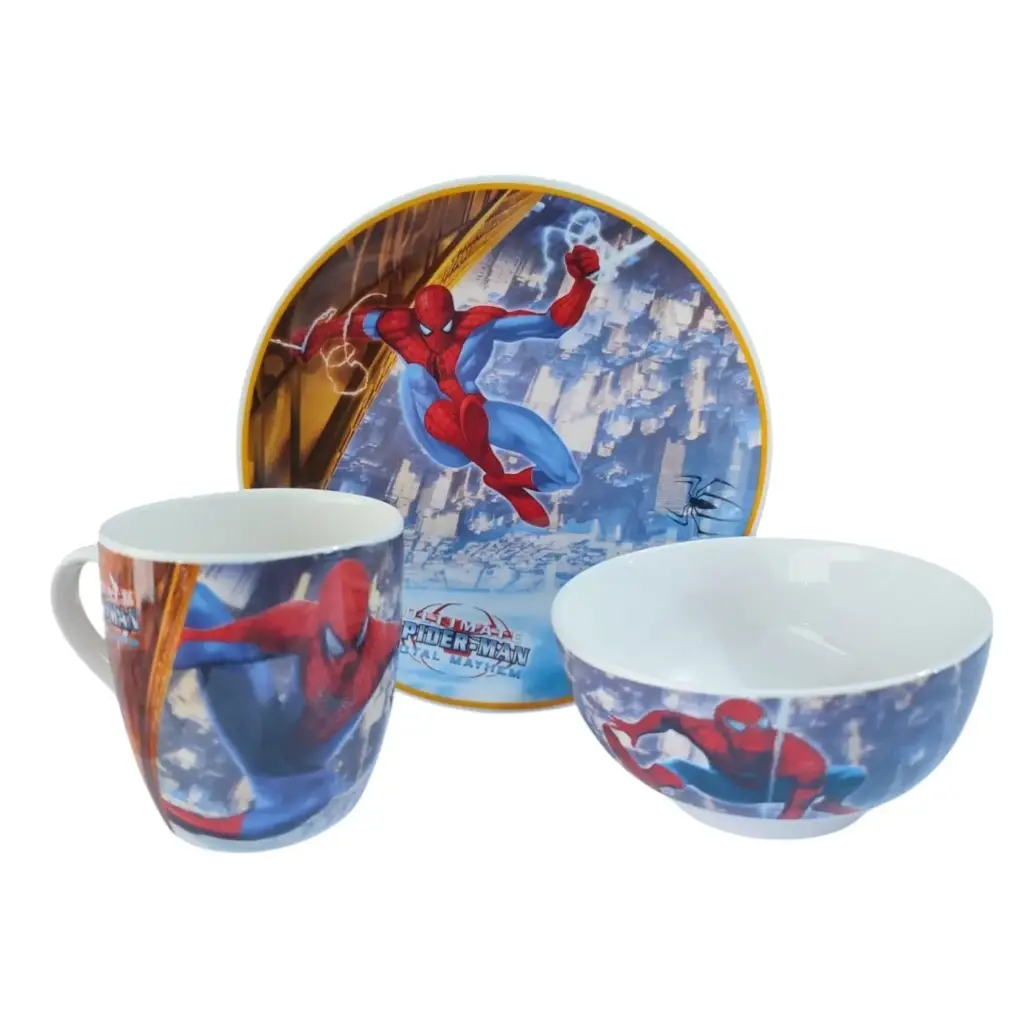 Vajilla Ceramica Hombre Araña Ciudad + Obsequio Llavero