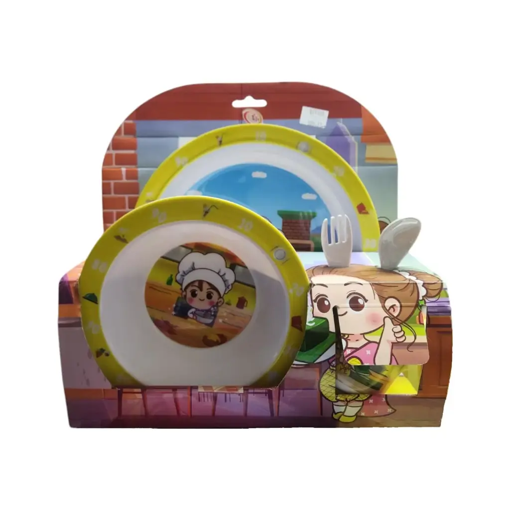 Kit Melamina Plato, Pocillo, Tazon y Cubiertos Ref 500