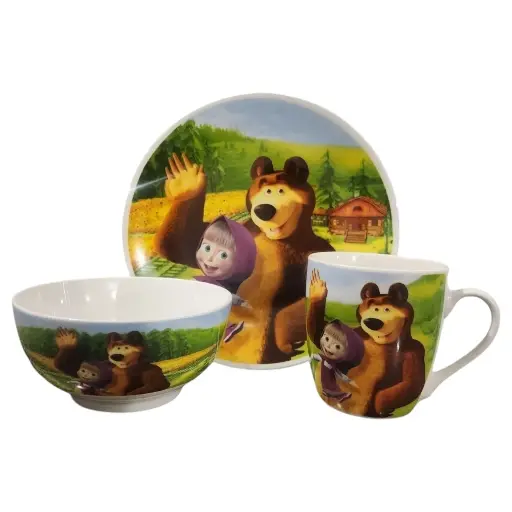 Vajilla Ceramica Masha Y El Oso+ Obsequio Llavero